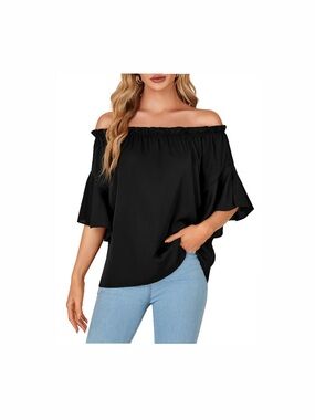 Vrtige Off Shoulder Ruffle Bell Short Sleeve Ruched Casual Top Blouse Shirt